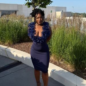 Fashion Nova Navy Blue Ruffle Deep V Midi Dress